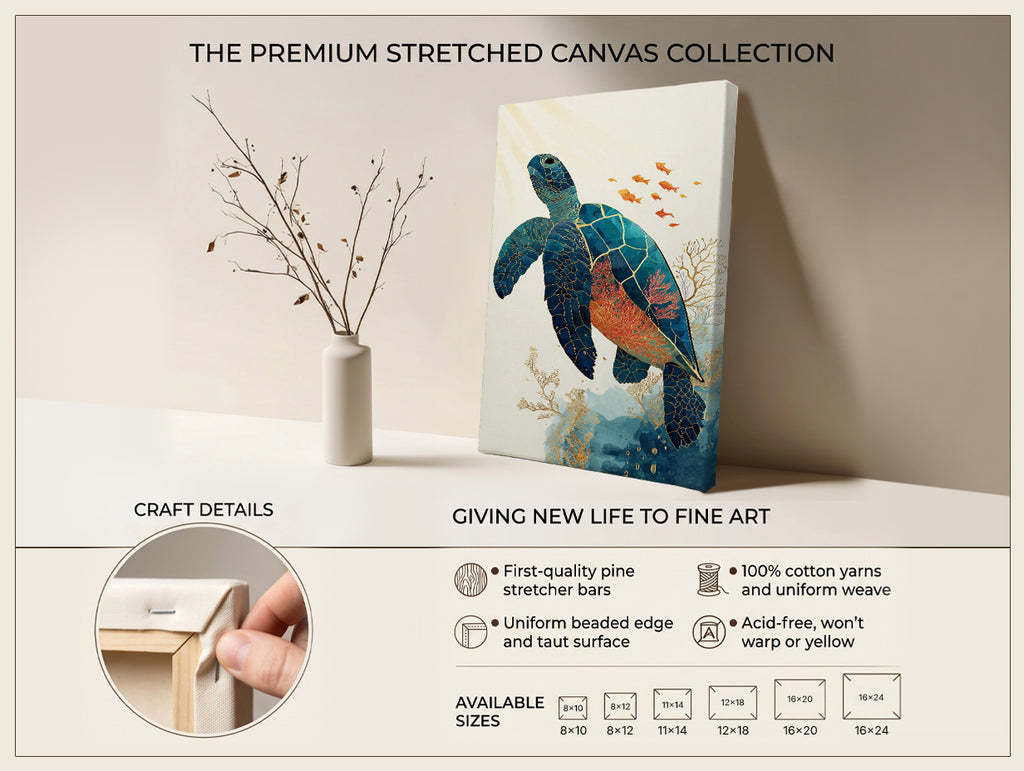 Sea Turtle Canvas Wall Art with Coral Reef and Gold Line Design