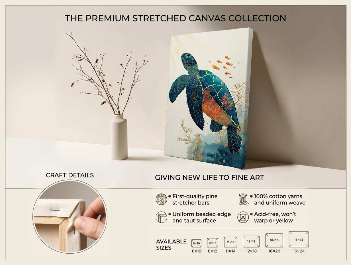 Sea Turtle Canvas Wall Art with Coral Reef and Gold Line Design