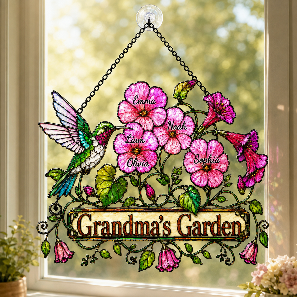 Personalized Nanny's Garden Hummingbird & Pink Blossom Holographic Acrylic Suncatcher
