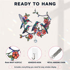 Decorative hologram arcylic suncatcher with birds and flowers, labeled 'Ready to Hang' on a white background.