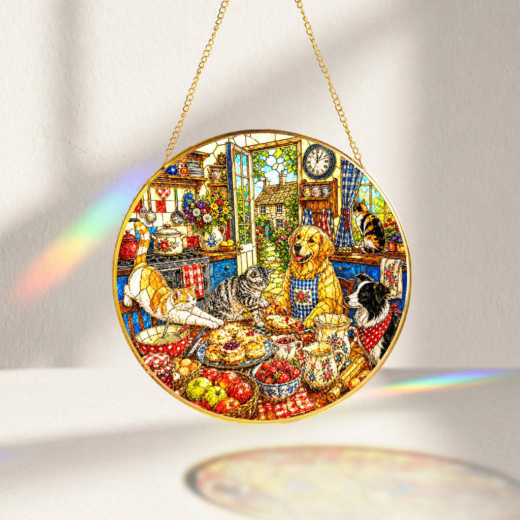 Cats and dogs cottage stained glass suncatcher