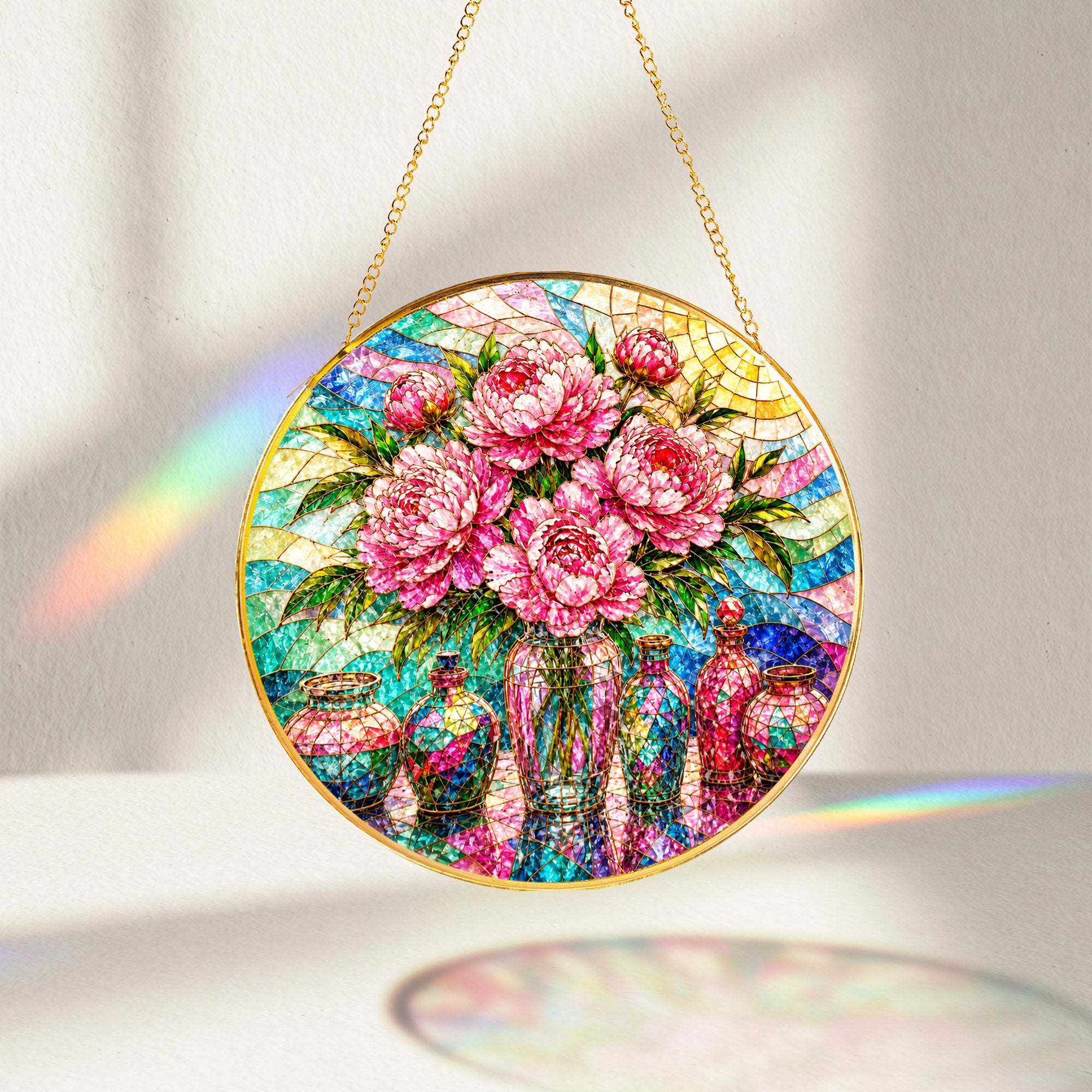 Pink Peony Stained Glass Suncatcher