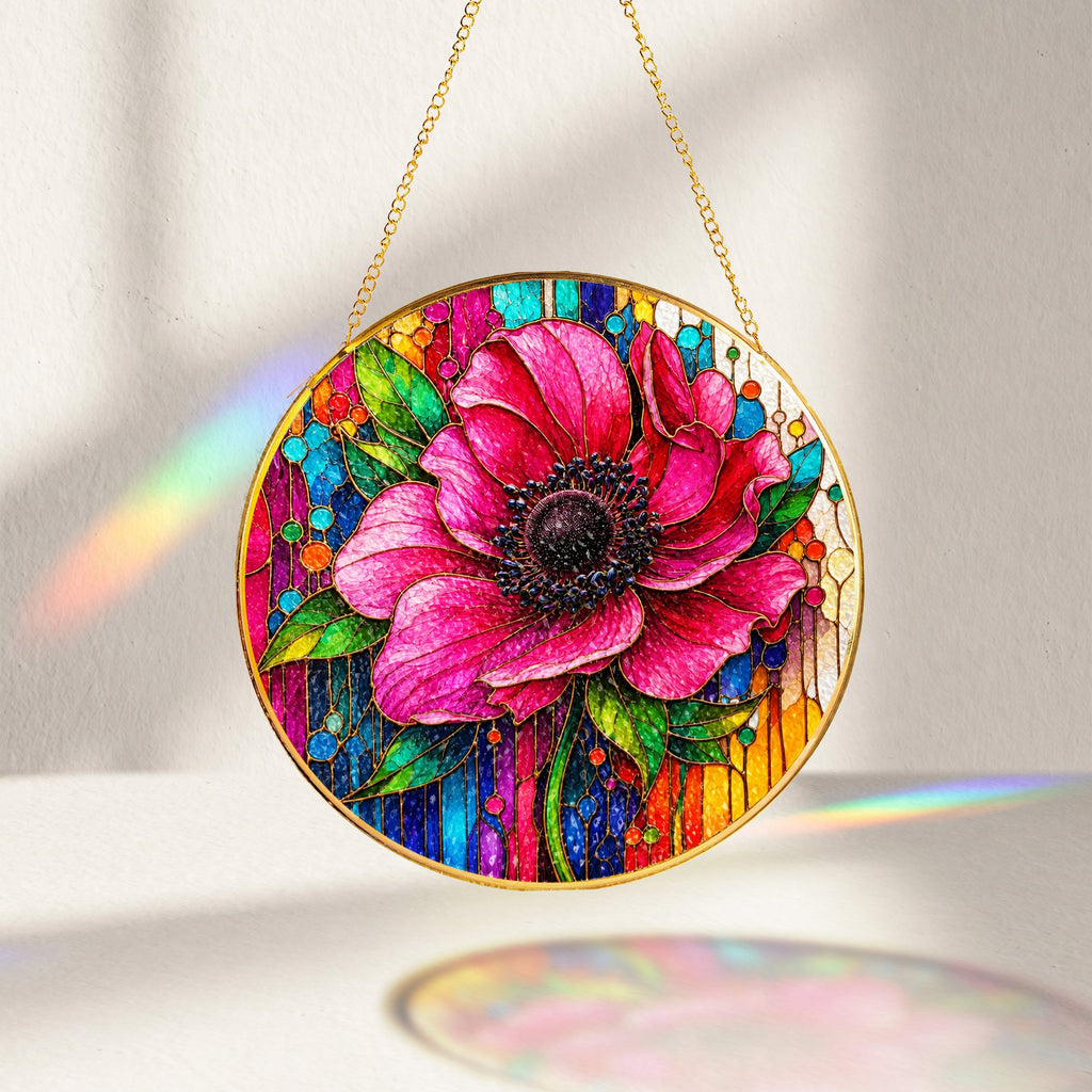 Pink Anemone Floral Stained Glass Suncatcher
