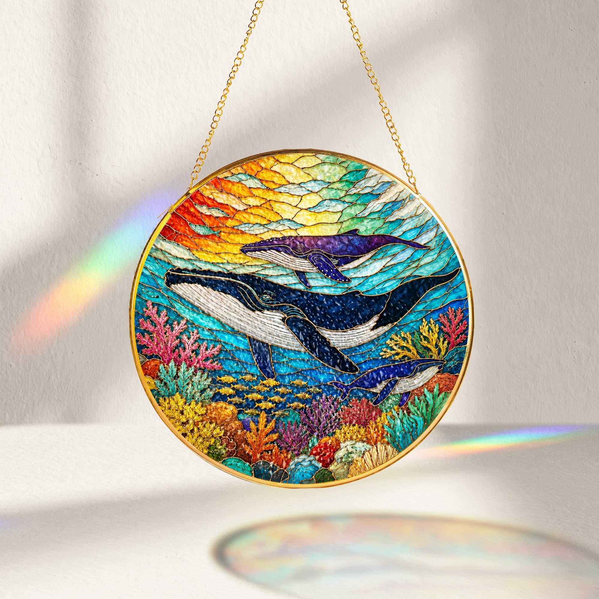 Whale Ocean Stained Glass Suncatcher