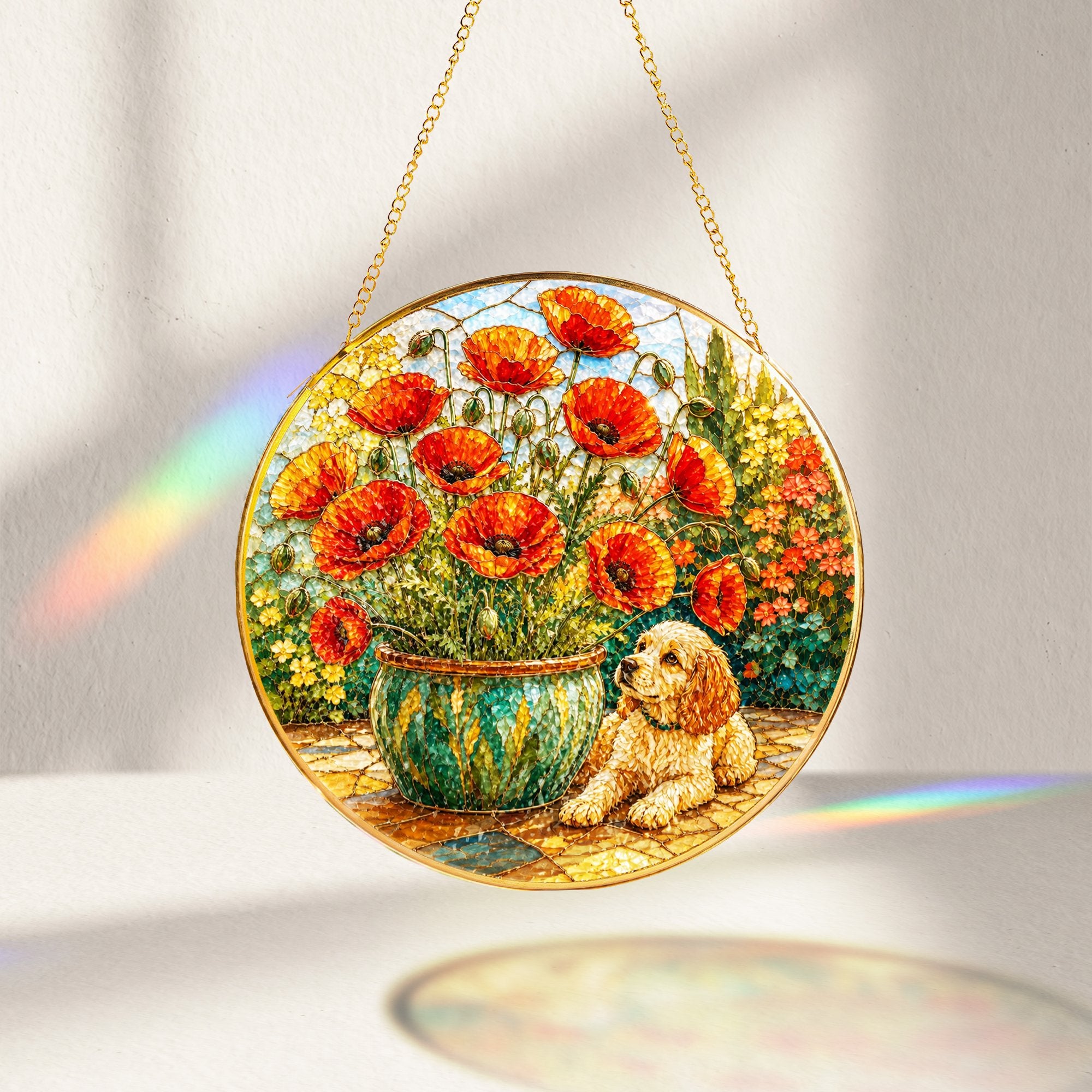 Poppy and Puppy Stained Glass Suncatcher