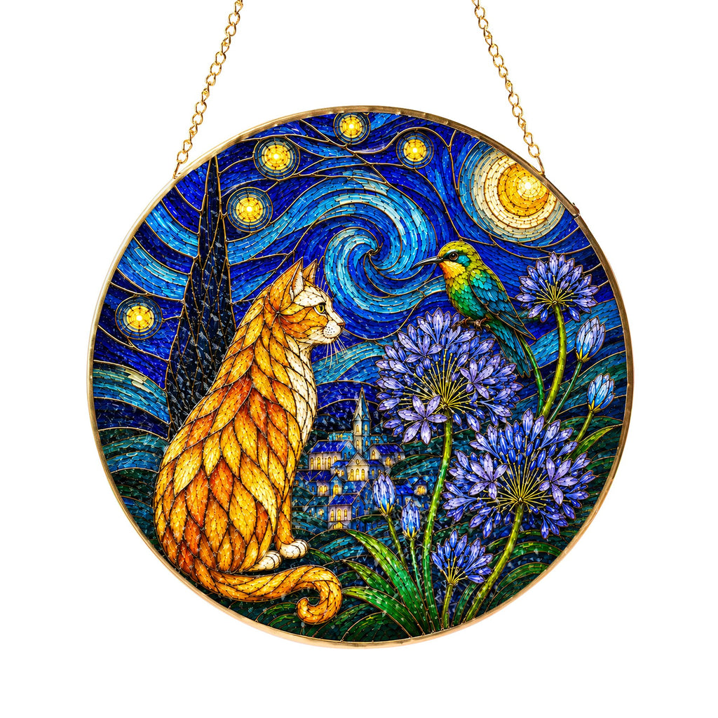 Starry Night Cat Stained Glass Suncatcher