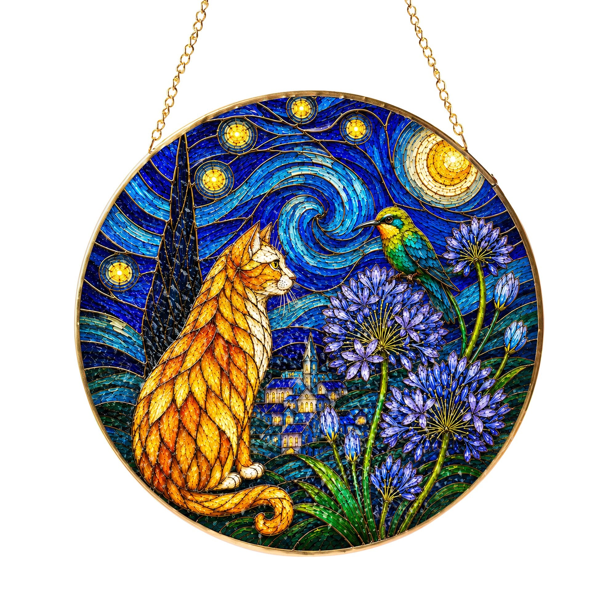 Starry Night Cat Stained Glass Suncatcher