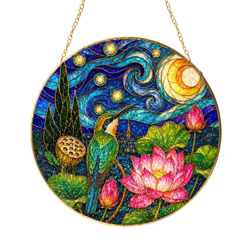 Hummingbird Lotus Stained Glass Suncatcher