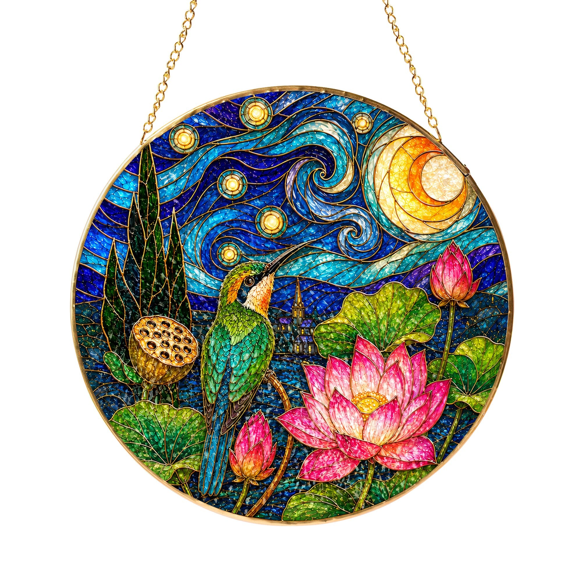 Hummingbird Lotus Stained Glass Suncatcher