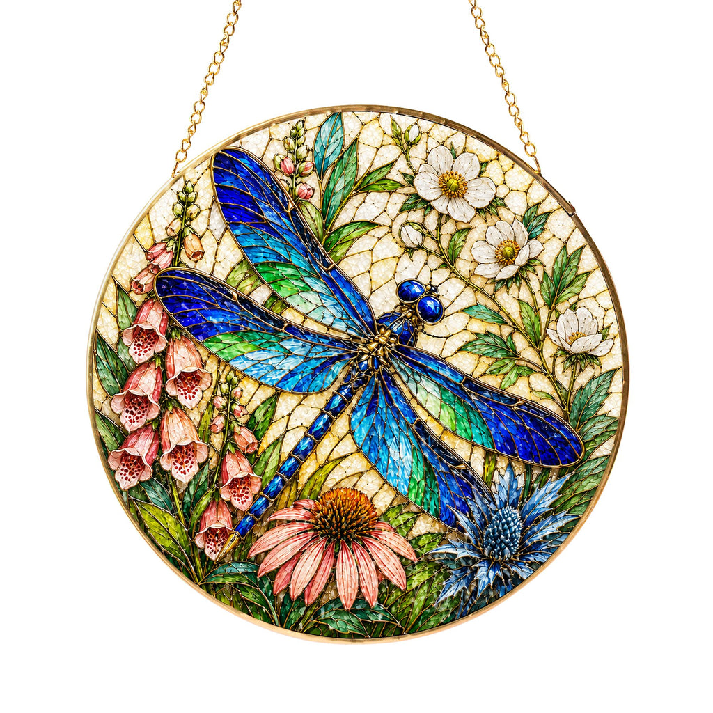Dragonfly Floral Stained Glass Suncatcher