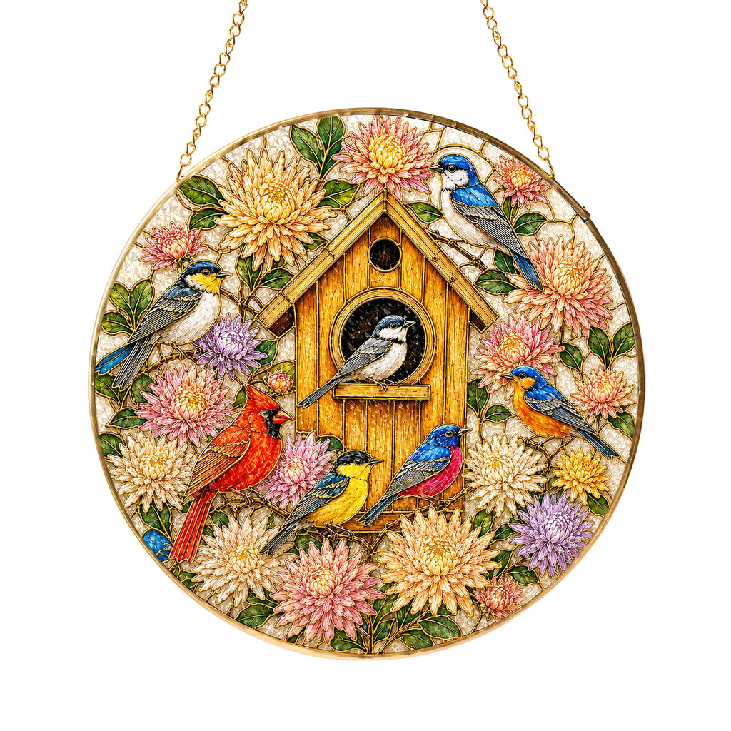 Birdhouse Birds Stained Glass Suncatcher