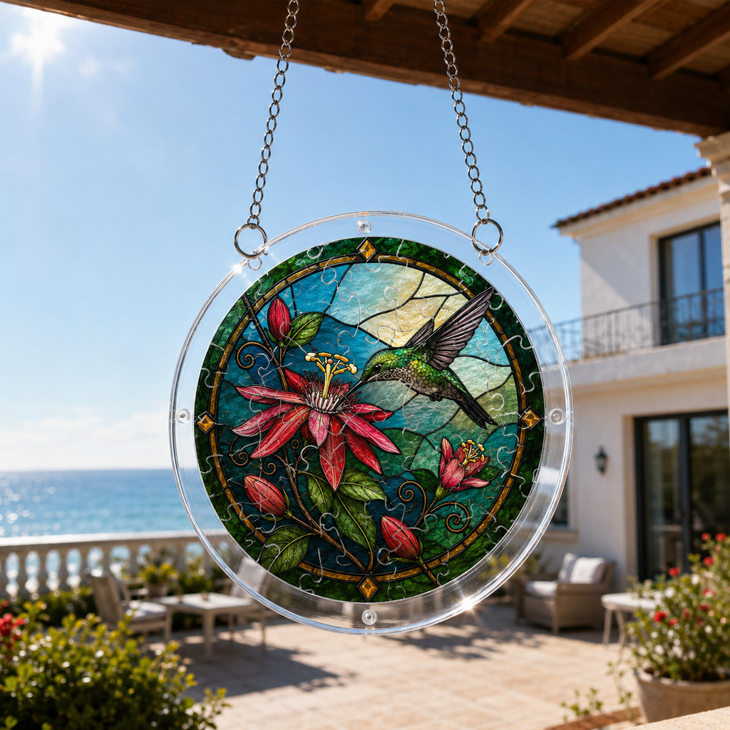 Pink Blossom Hummingbird Puzzle Suncatcher