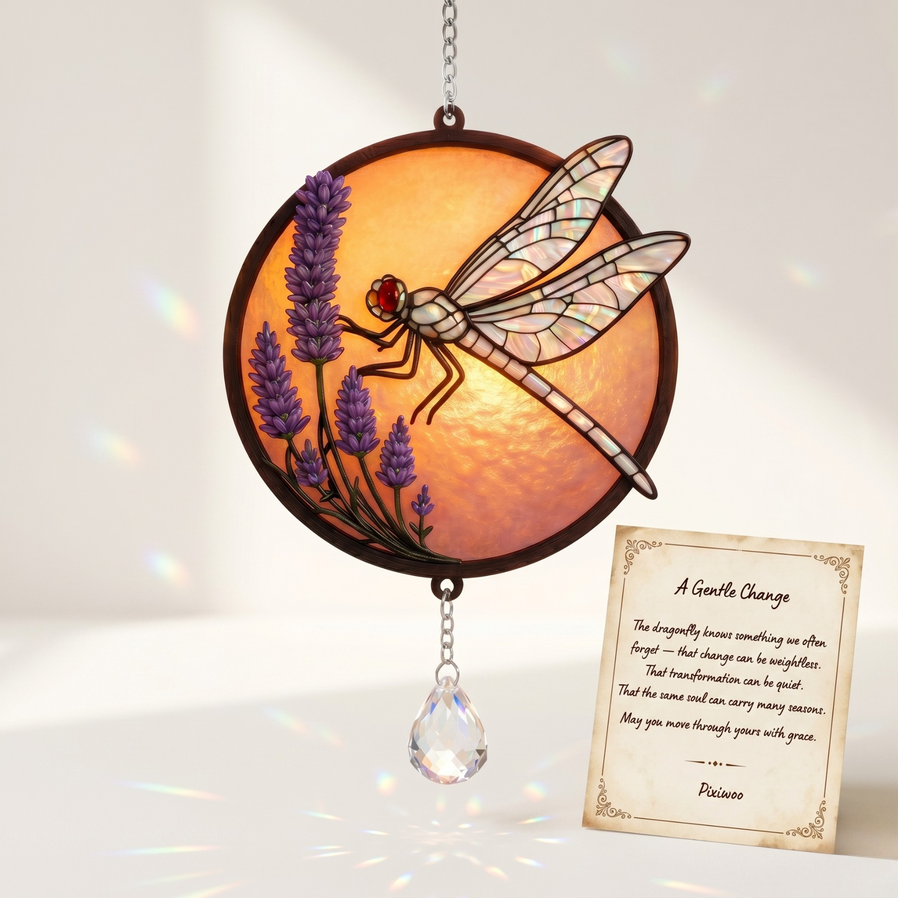 Dragonfly Stained Glass Suncatcher Window Hanging with Crystal Prism