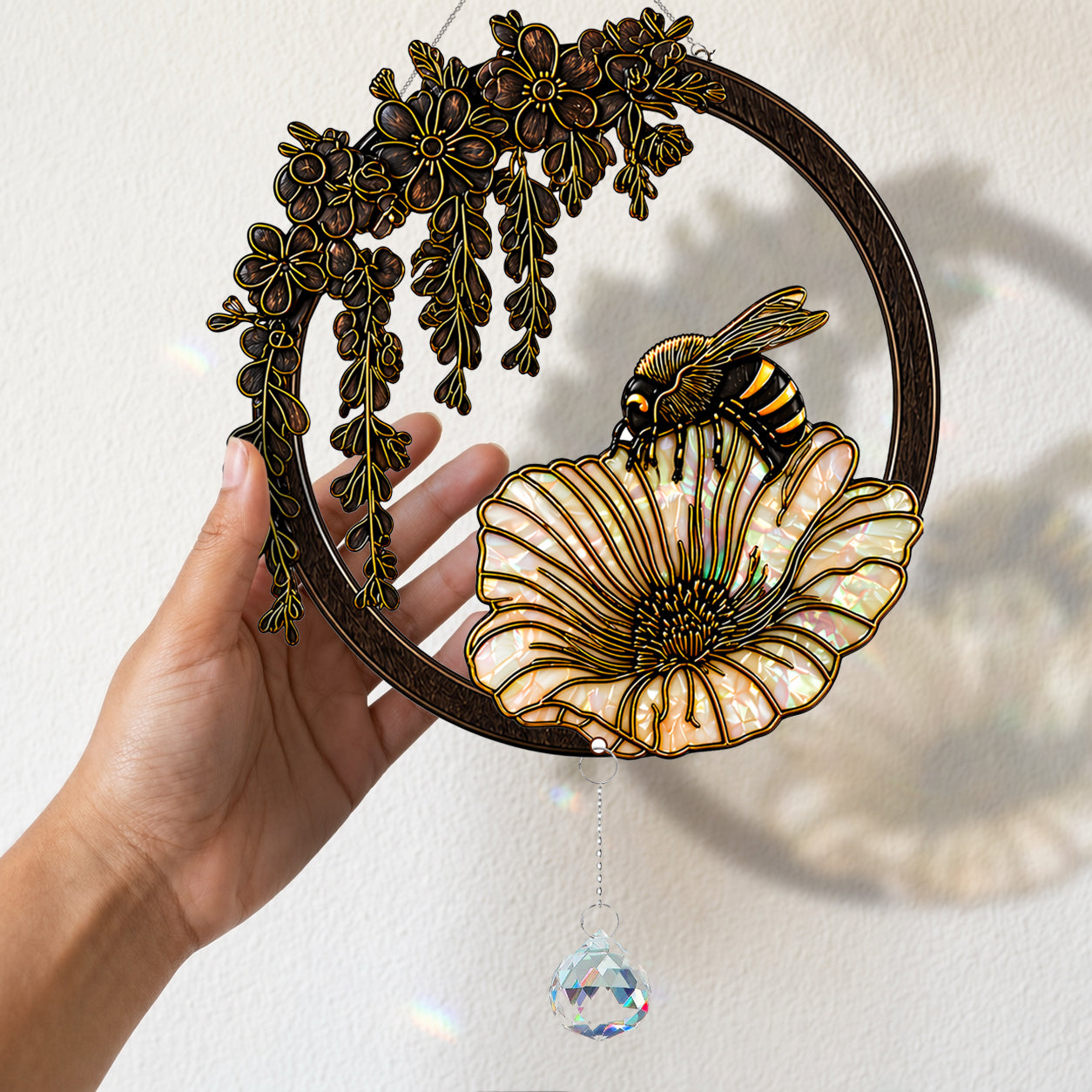 Bee Stained Glass Suncatcher with Flower and Crystal