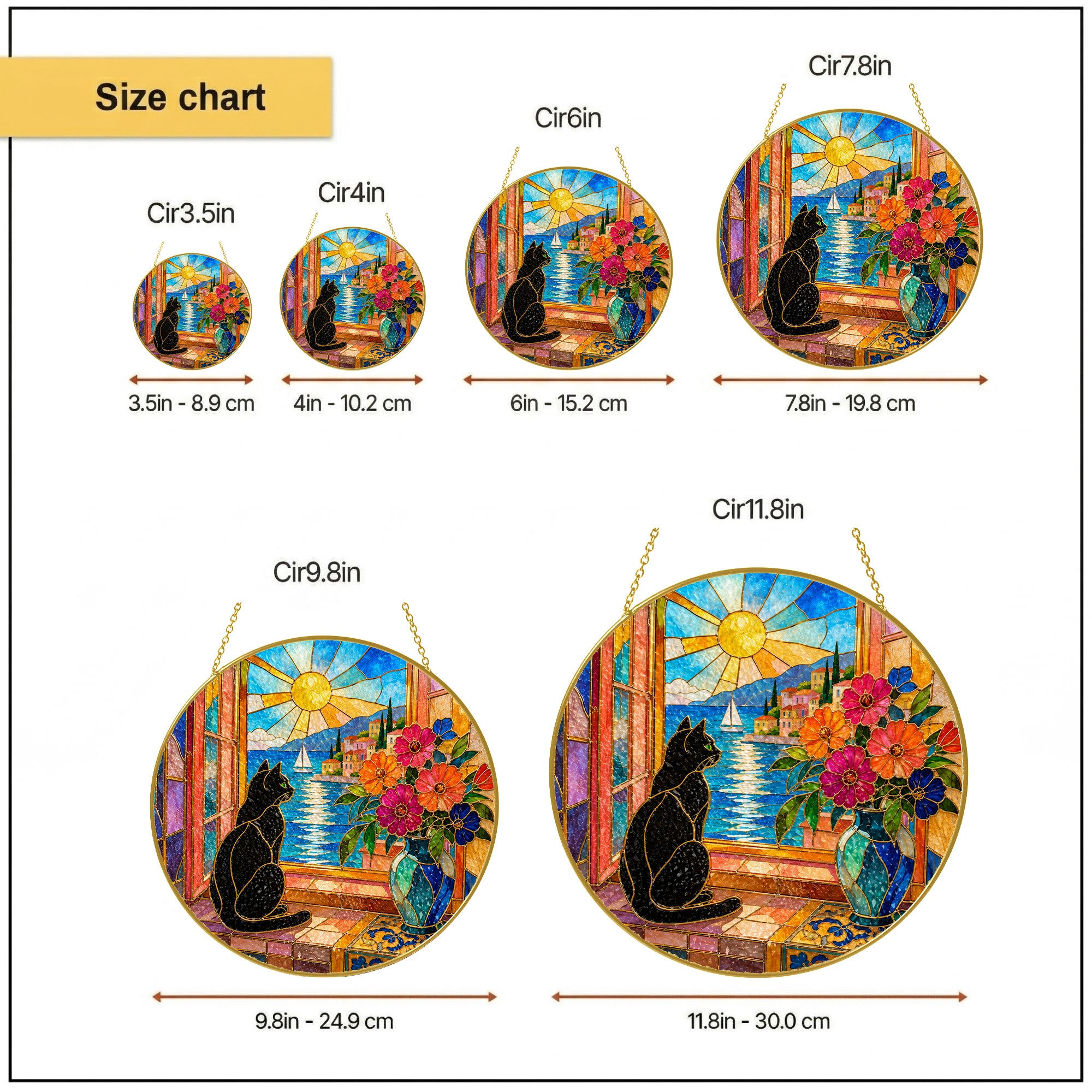 Black Cat & Seaside Window Stained Glass Suncatcher
