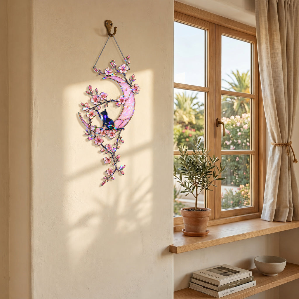 Black Cat & Cherry Blossom Moon Holographic Acrylic Suncatcher