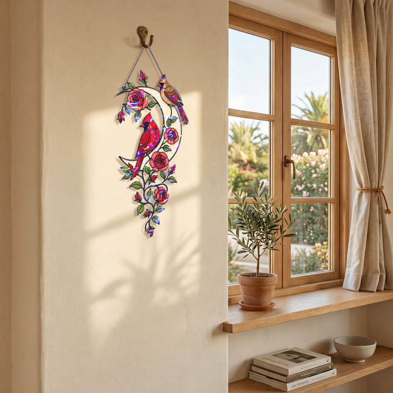 Cardinal Pair & Roses Crescent Moon Holographic Acrylic Suncatcher