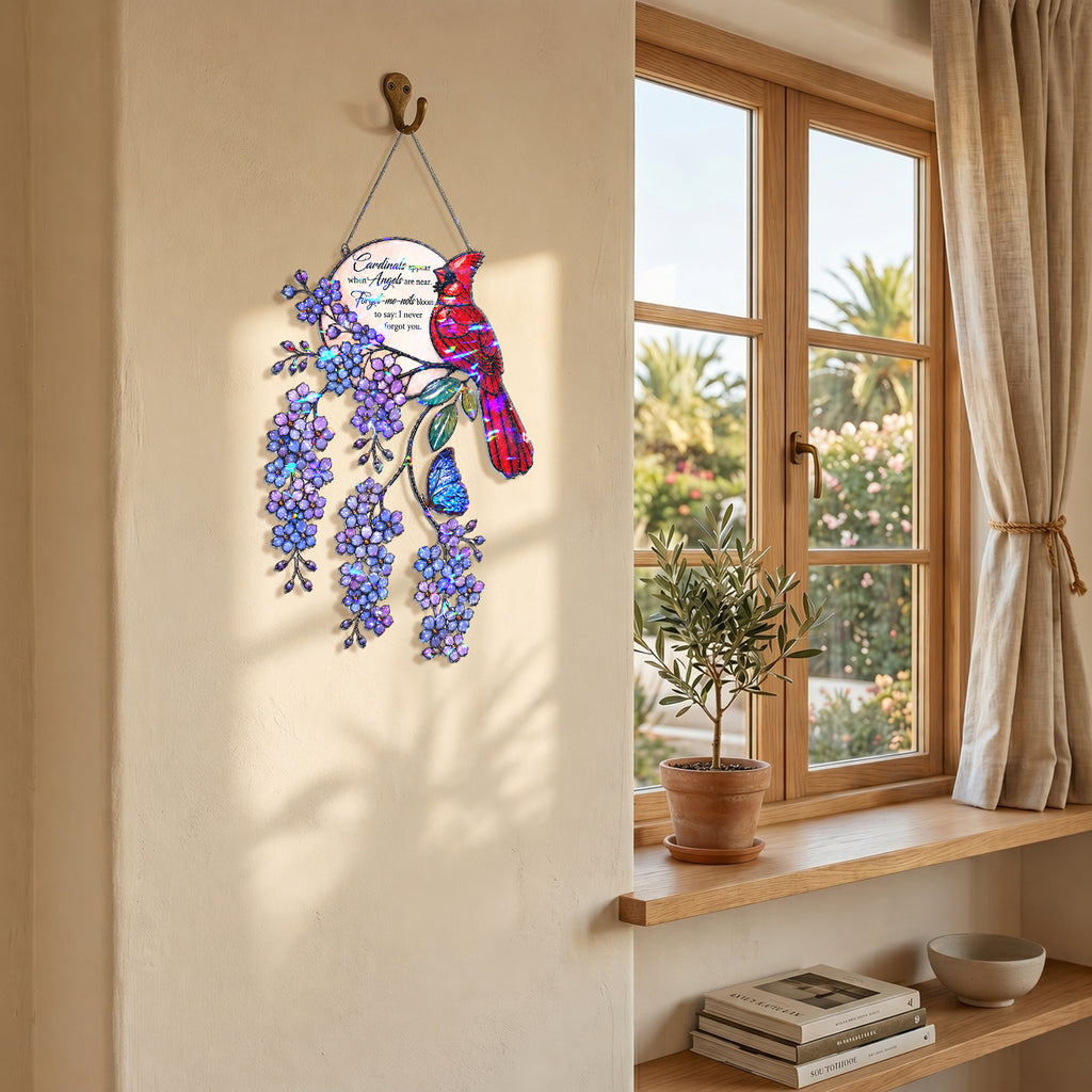 Cardinal & Forget-Me-Not Memorial Moon Holographic Acrylic Suncatcher