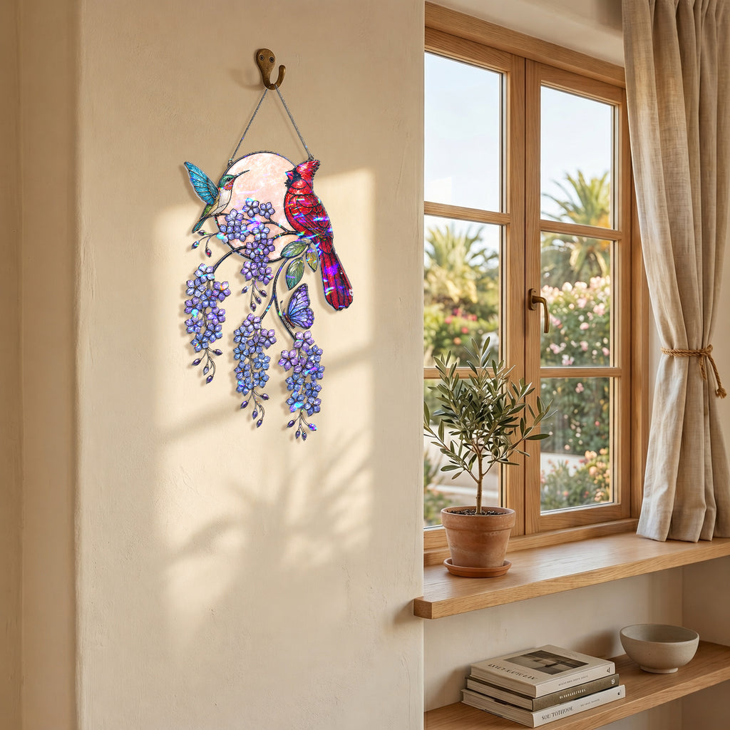 Cardinal & Hummingbird Forget-Me-Not Moon Holographic Acrylic Suncatcher