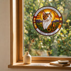 Cat memorial suncatcher hanging in a cozy sunlit window