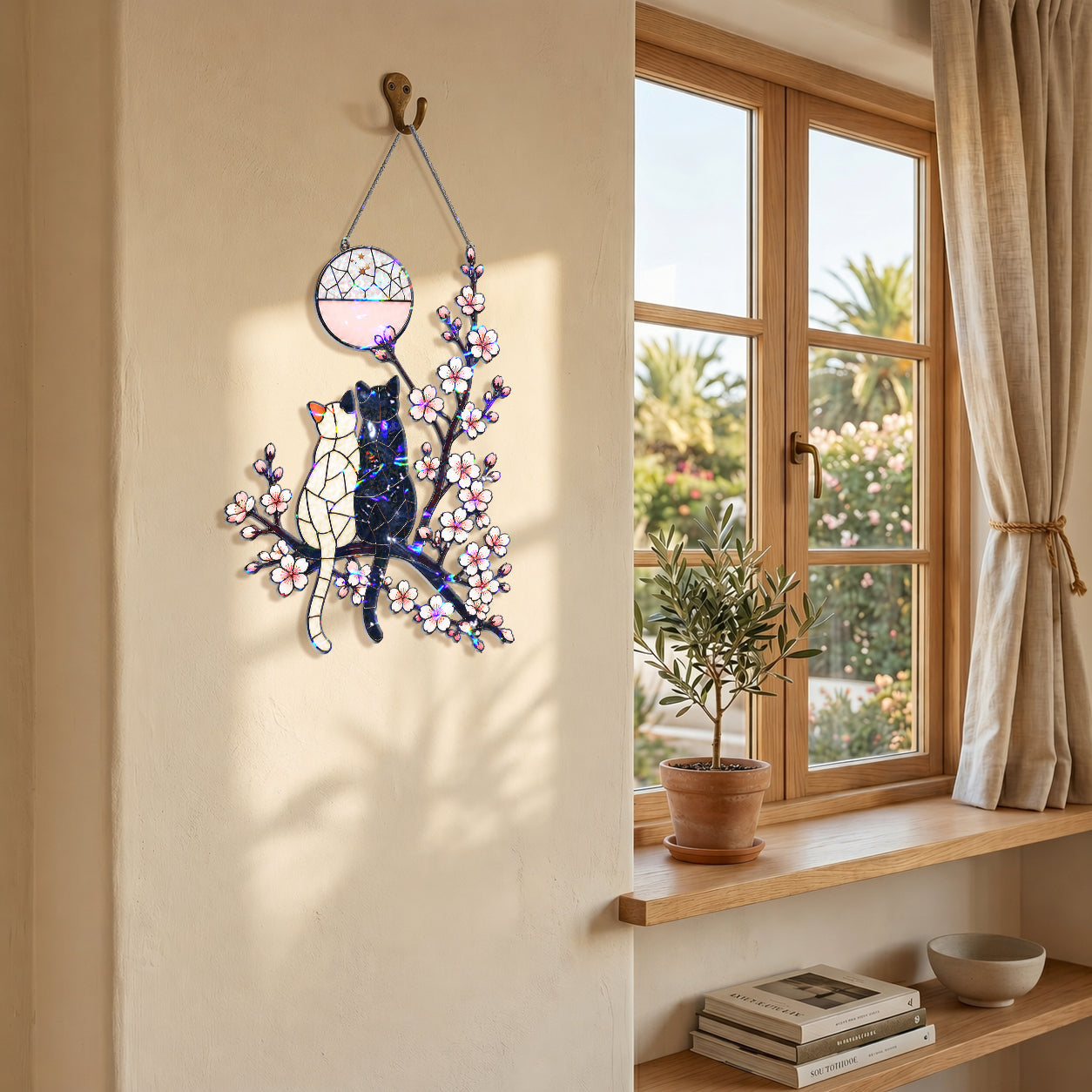 Cat Couple & Cherry Blossom Moon Holographic Acrylic Suncatcher