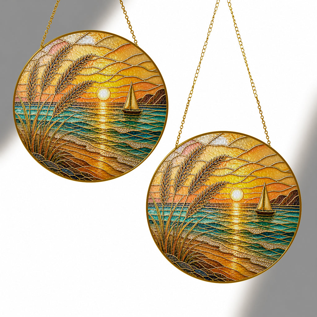 [PIXIWOO] Stained Glass Suncatcher Ocean Sunset Window Hanging Decor, Beach Sun Catcher Ornament with Sailboat, Coastal Wall Art for Window, Nautical Home Decor Gift for Beach Lovers