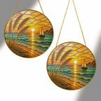 [PIXIWOO] Stained Glass Suncatcher Ocean Sunset Window Hanging Decor, Beach Sun Catcher Ornament with Sailboat, Coastal Wall Art for Window, Nautical Home Decor Gift for Beach Lovers
