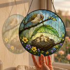 Bird Family Leaf Umbrella Stained Glass Suncatcher