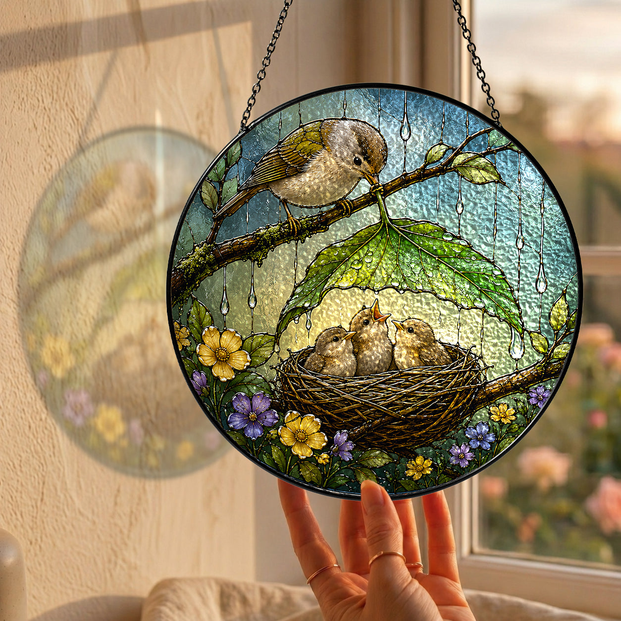 Bird Family Leaf Umbrella Stained Glass Suncatcher