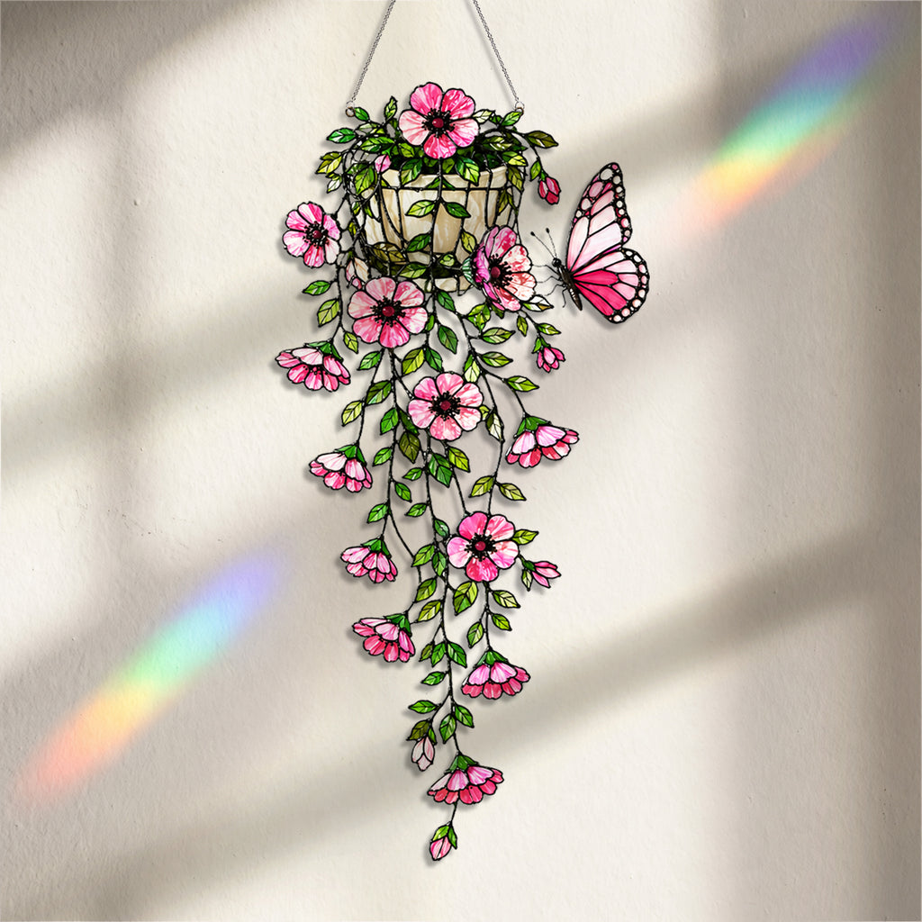 Pink Flower Basket & Butterfly Holographic Acrylic Suncatcher