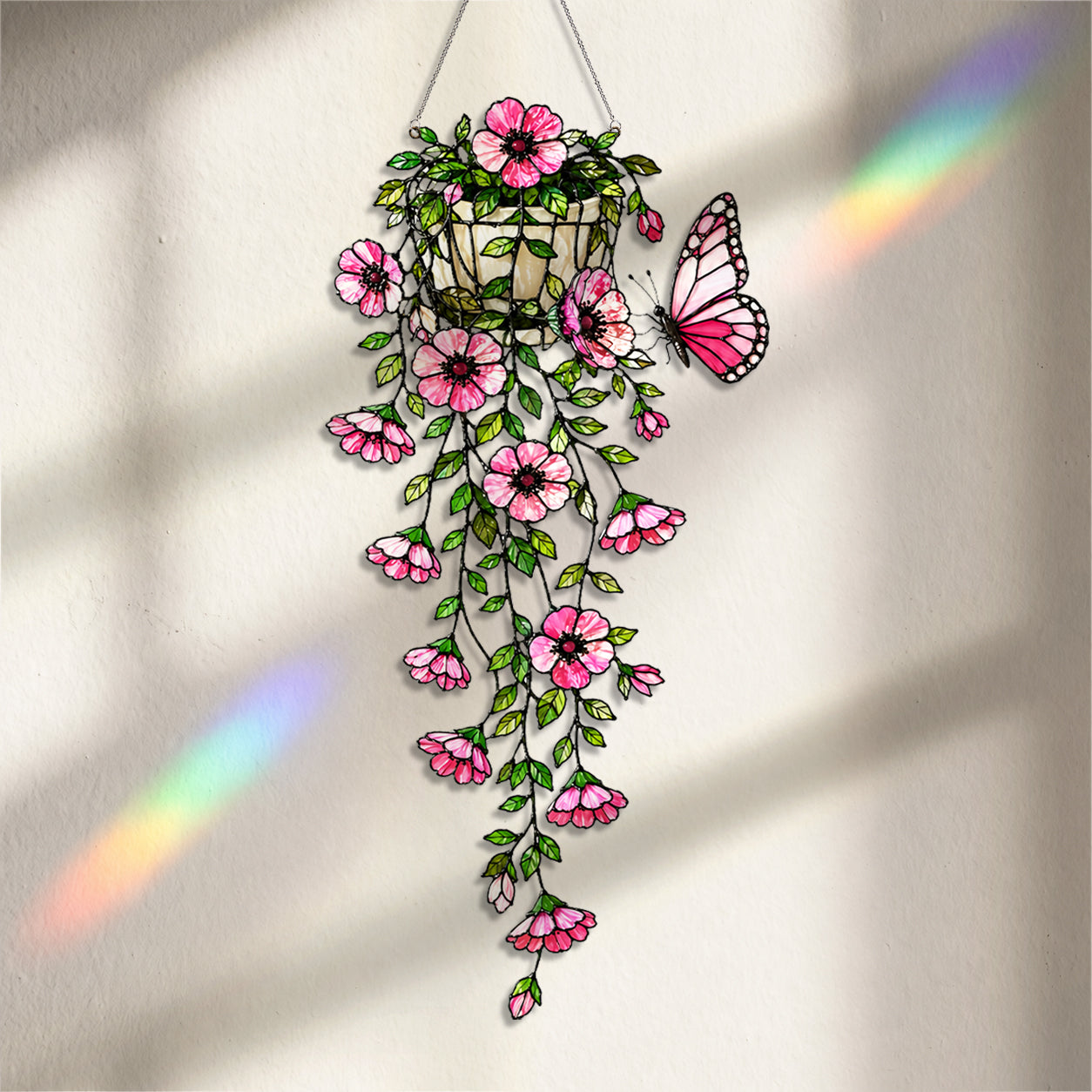 Pink Flower Basket & Butterfly Holographic Acrylic Suncatcher