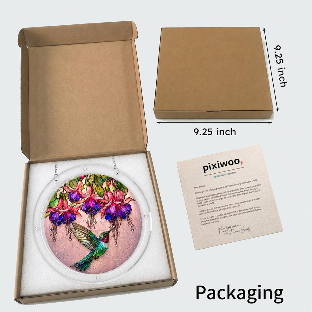 Hummingbird fuchsia puzzle suncatcher shown in its kraft gift box