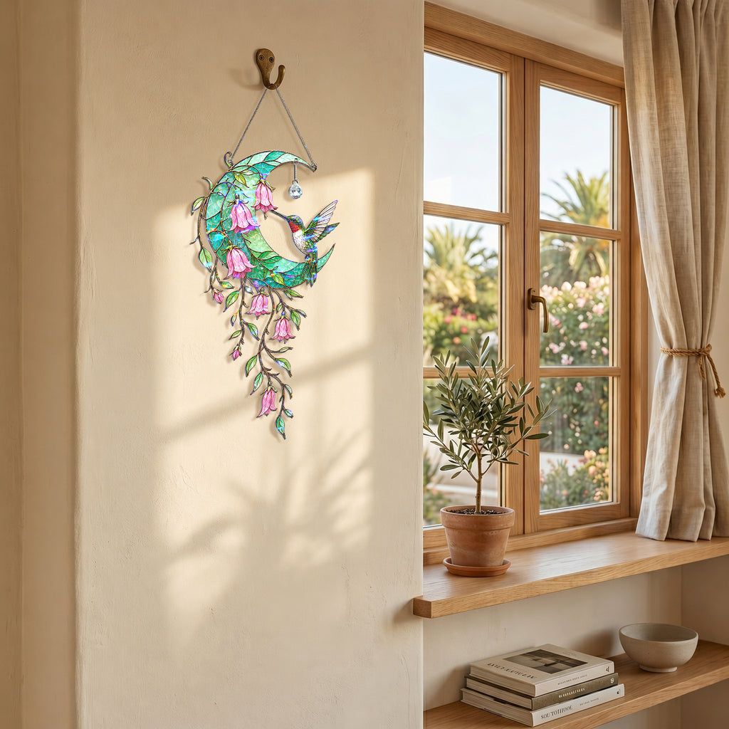 Hummingbird Teal Crescent Moon Holographic Acrylic Suncatcher with Crystal