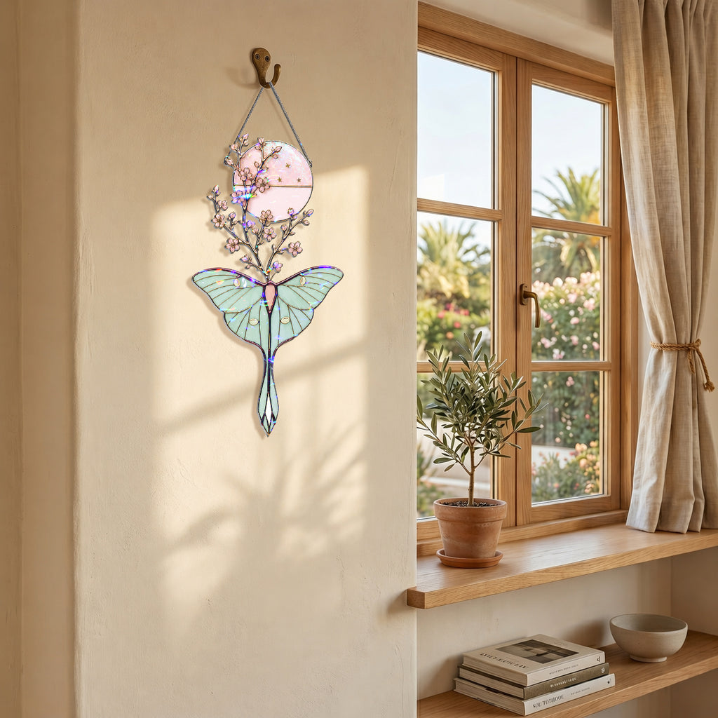 Luna Moth & Cherry Blossom Moon Holographic Acrylic Suncatcher