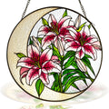 Pink stargazer lily suncatcher showing textured glass, pink lilies, green leaves, and crescent moon