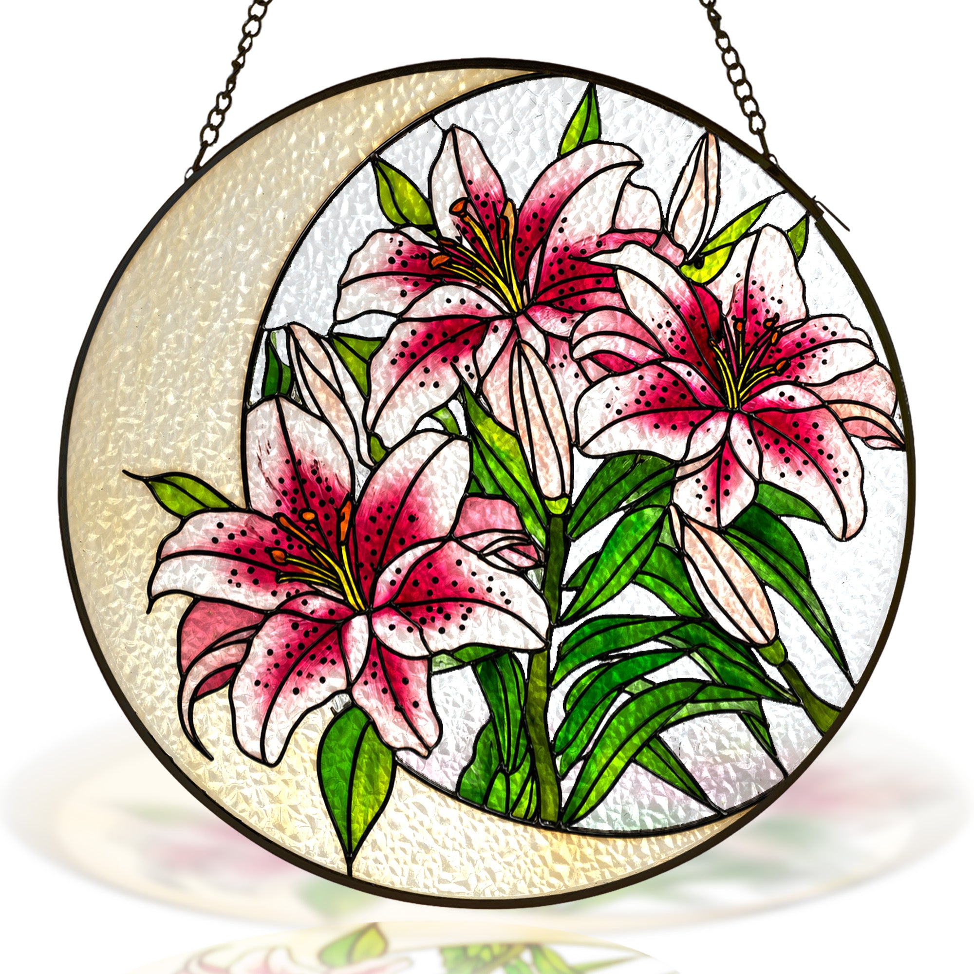 Pink stargazer lily suncatcher showing textured glass, pink lilies, green leaves, and crescent moon