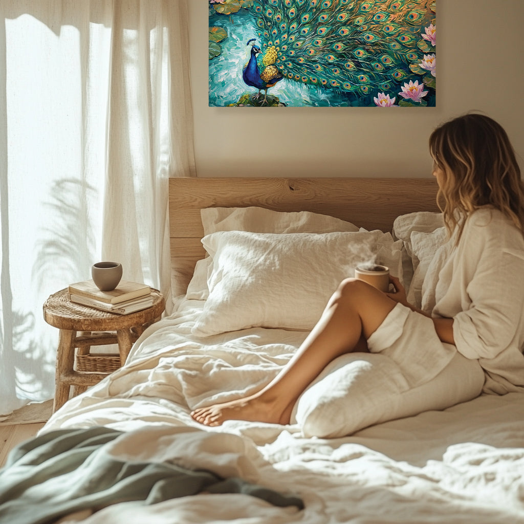 Peacock Canvas Wall Art Teal Blue Green Peacock Painting, 3D Feather Look for Living Room Bedroom Office