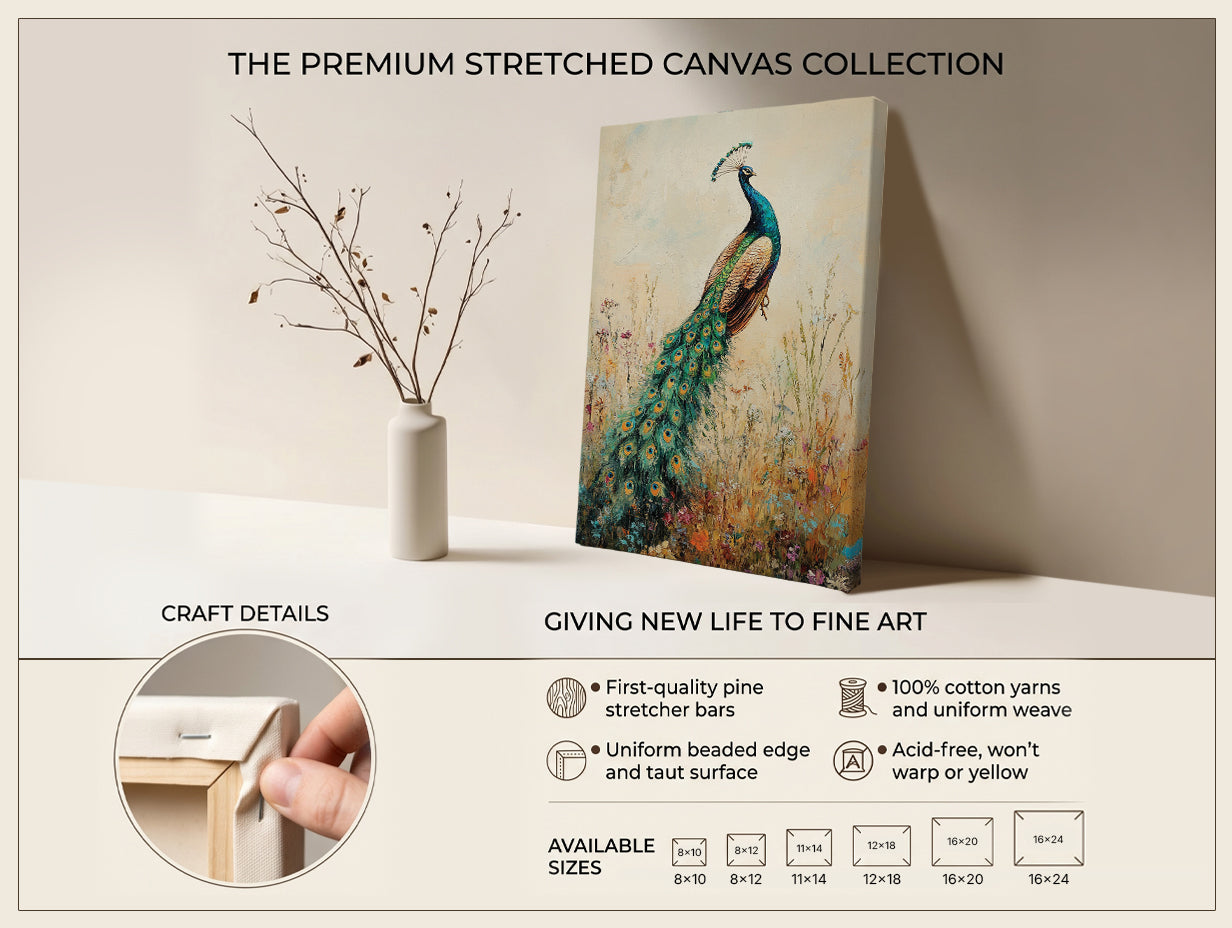 Peacock Canvas Wall Art Vintage Peacock Painting with Wildflowers