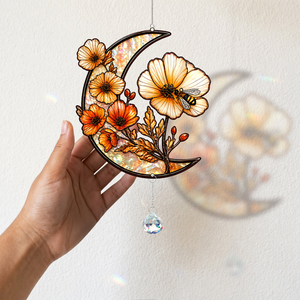 Crescent Moon Stained Glass Suncatcher with Flowers and Bee