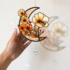 Crescent Moon Stained Glass Suncatcher with Flowers and Bee