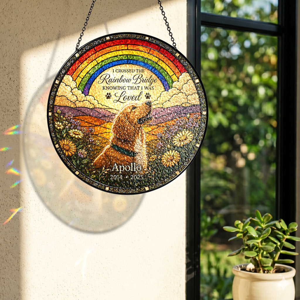 Personalized Rainbow Bridge Dog Memorial Stained Glass Suncatcher