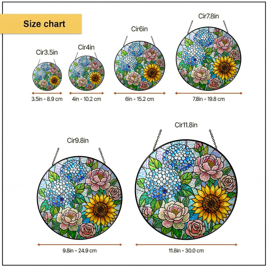 Hydrangea Sunflower Rose Stained Glass Suncatcher