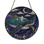 [PIXIWOO] Stained Glass Suncatcher Sea Turtle Window Hanging Decor, Ocean Turtle Island Acrylic Ornament, Moon Star Coastal Wall Art, Fantasy Beach House Sun Catcher Gift for Turtle Lovers