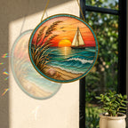 [ PIXIWOO] Stained Glass Suncatcher Sunset Sailboat Window Hanging Decor, Ocean Beach Acrylic Ornament, Coastal Beach House Wall Art, Nautical Sea Waves Sun Catcher Gift for Ocean Lovers