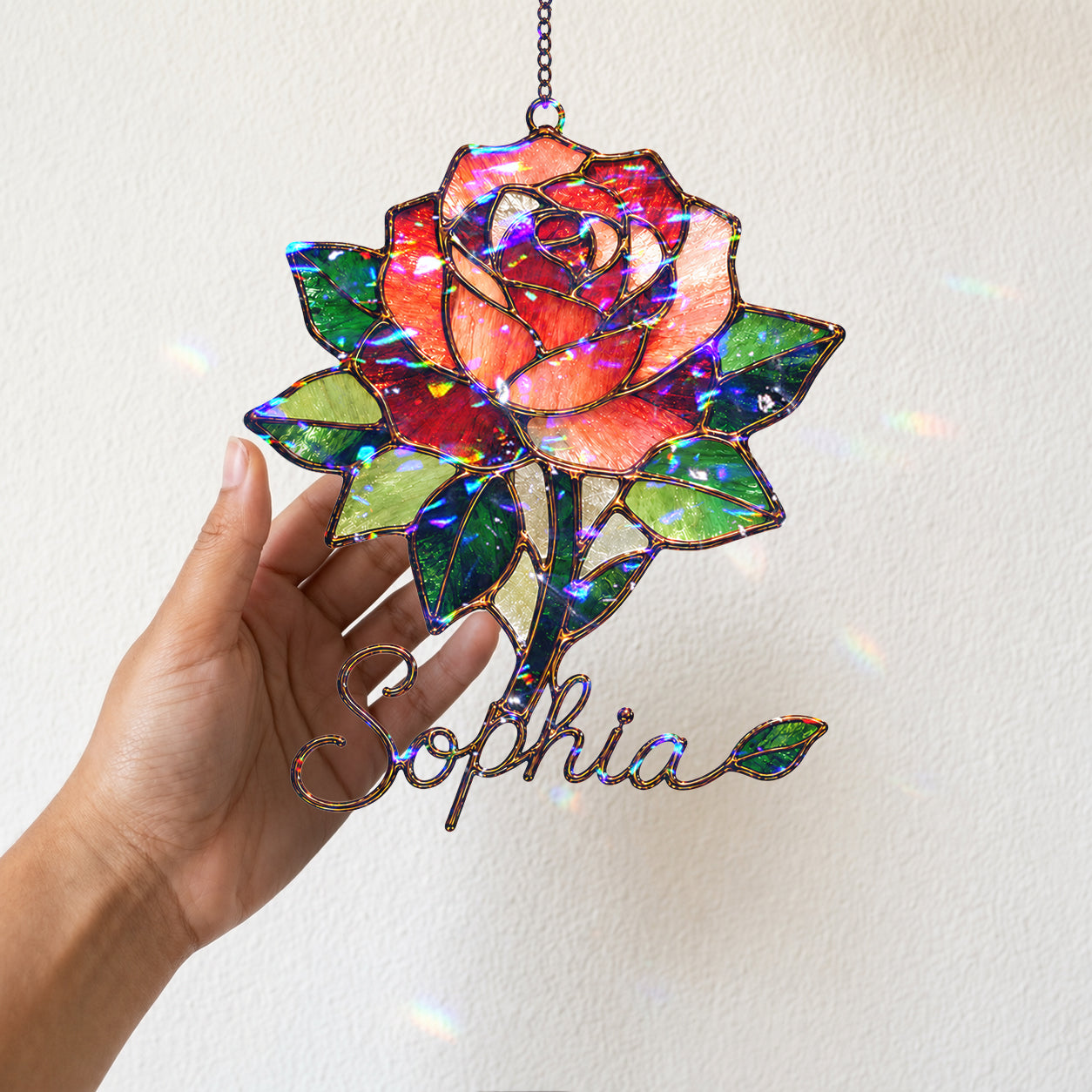 Personalized Red Rose Holographic Acrylic Suncatcher