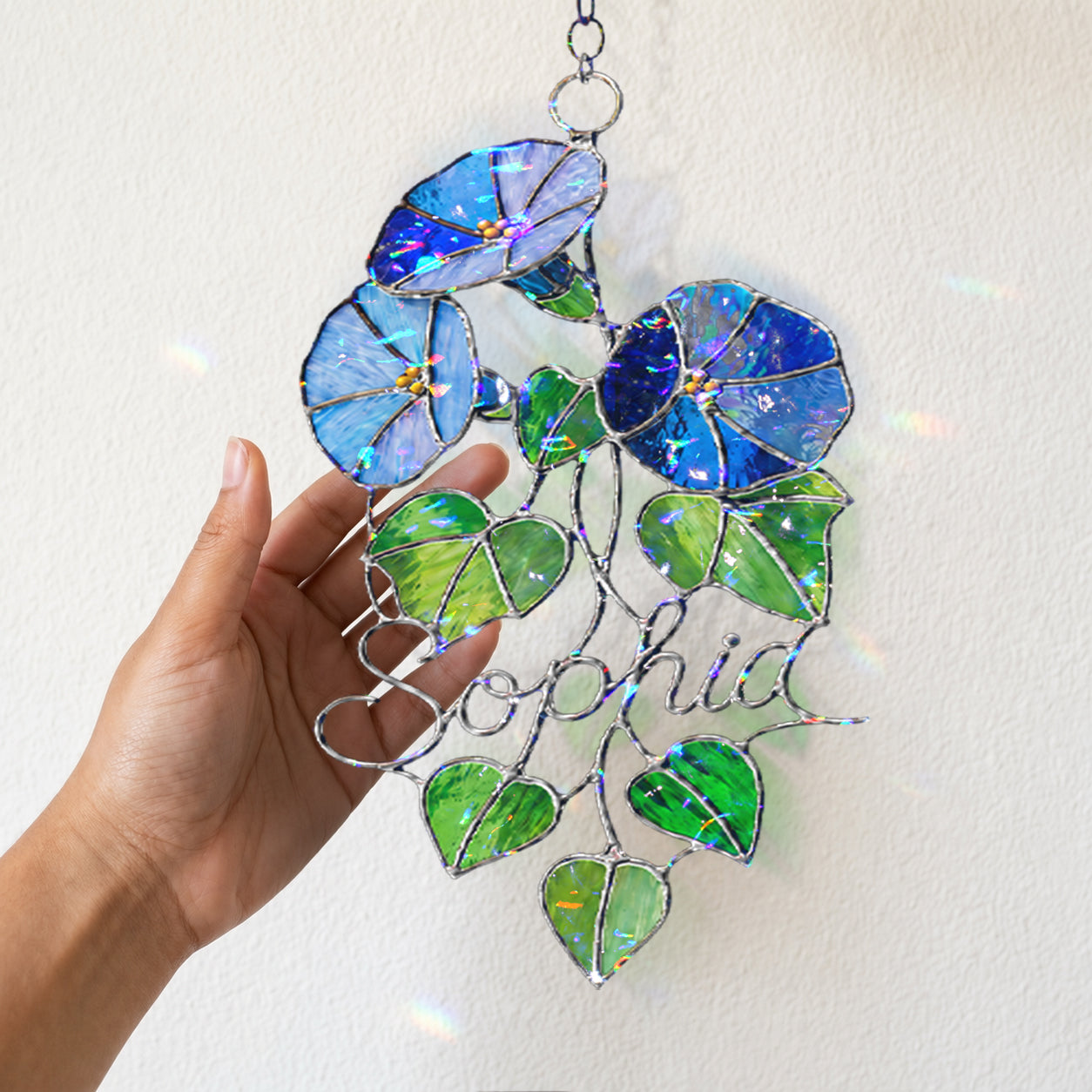 Personalized Blue Morning Glory Holographic Acrylic Suncatcher