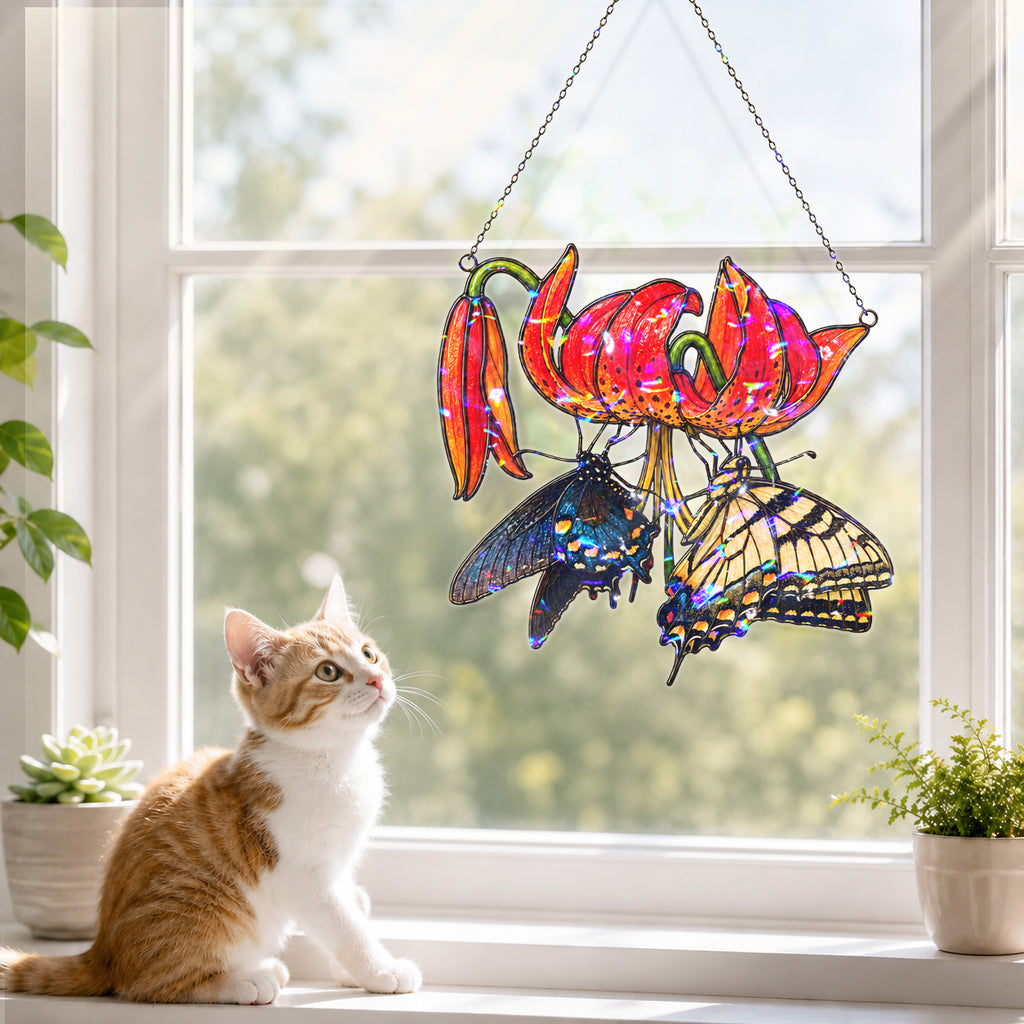 Swallowtail Butterflies & Tiger Lily Holographic Acrylic Suncatcher