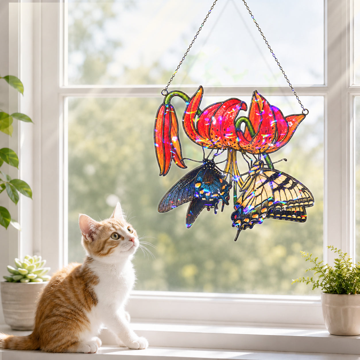 Swallowtail Butterflies & Tiger Lily Holographic Acrylic Suncatcher