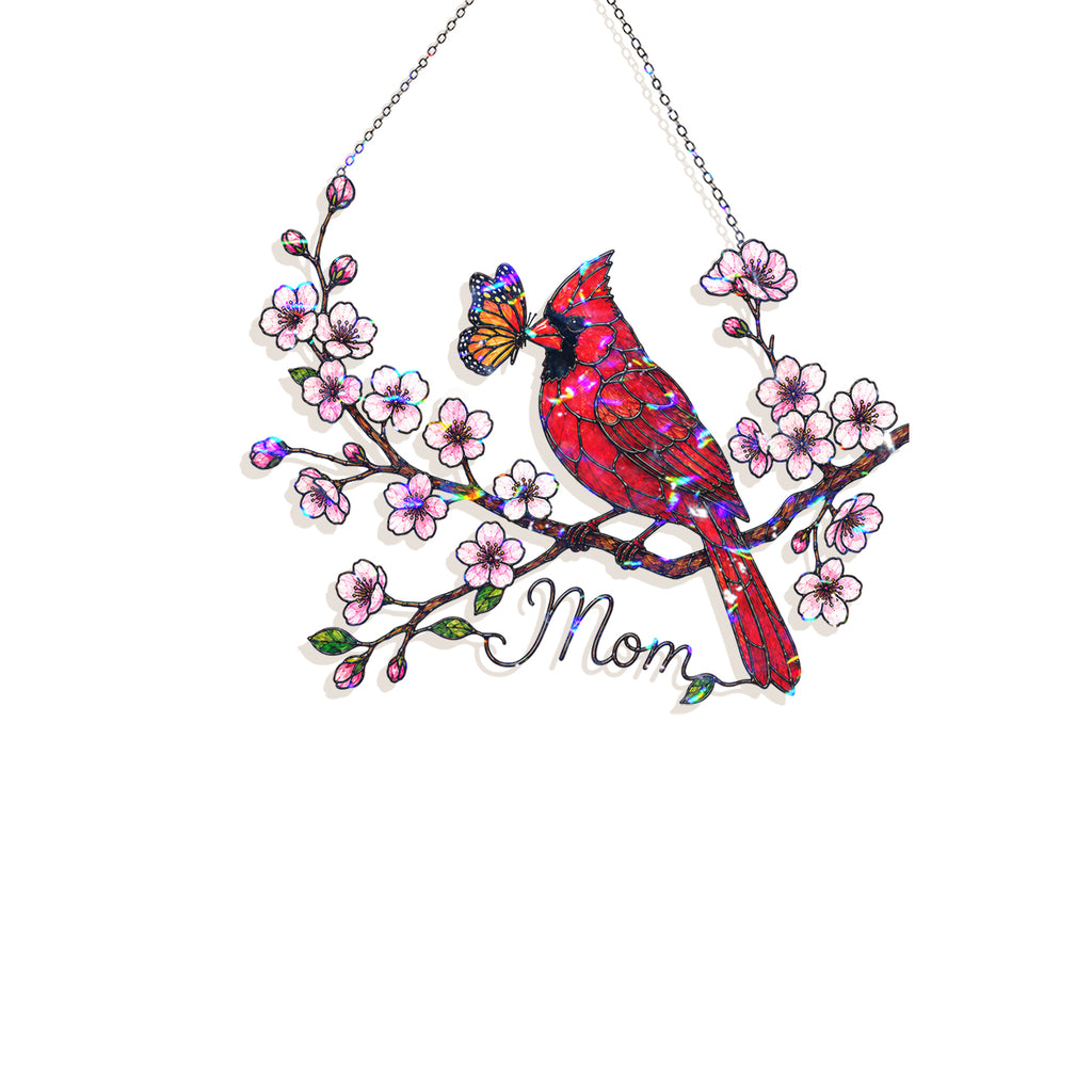 Personalized Cardinal & Cherry Blossom Holographic Acrylic Suncatcher