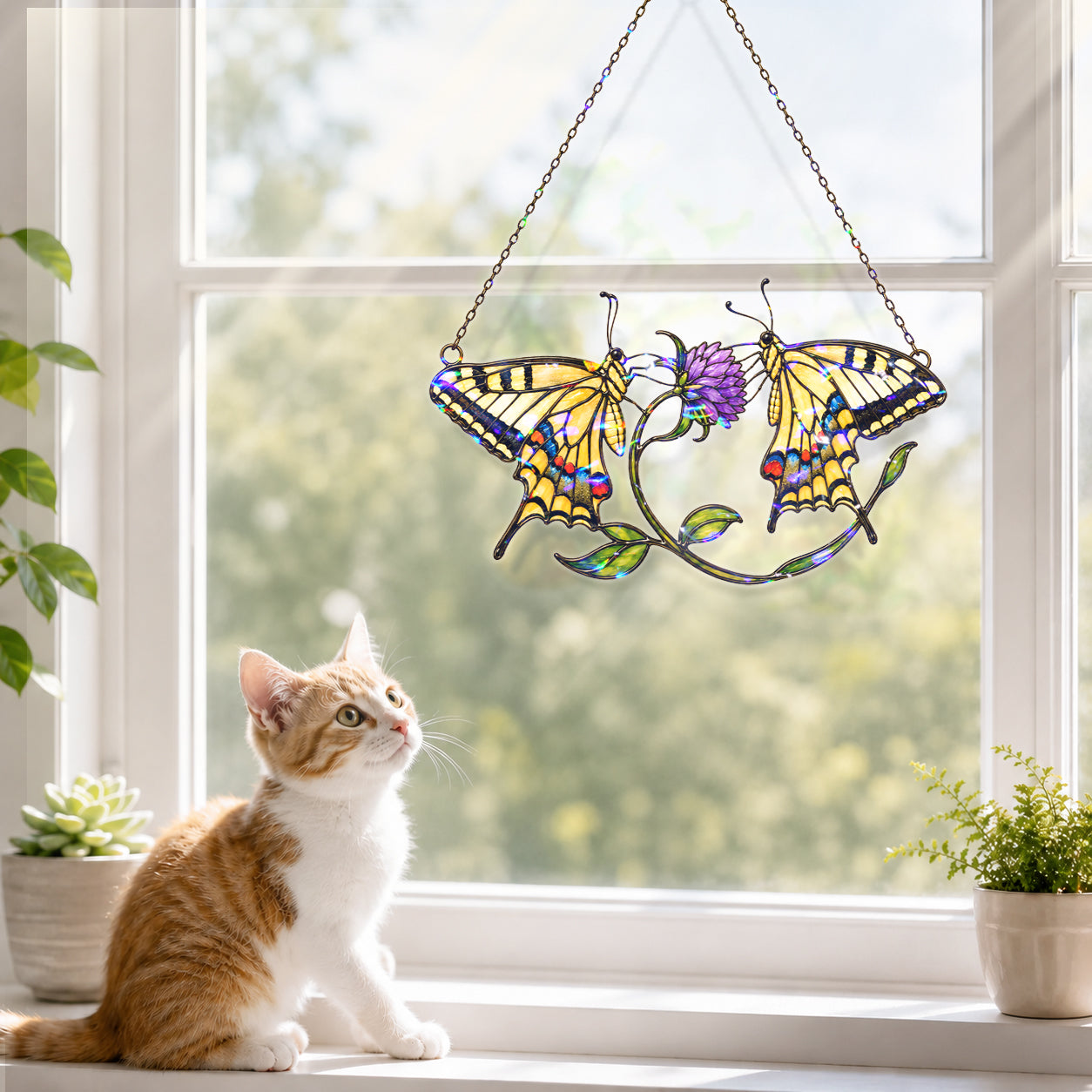 Twin Swallowtail Butterflies & Purple Clover Holographic Acrylic Suncatcher